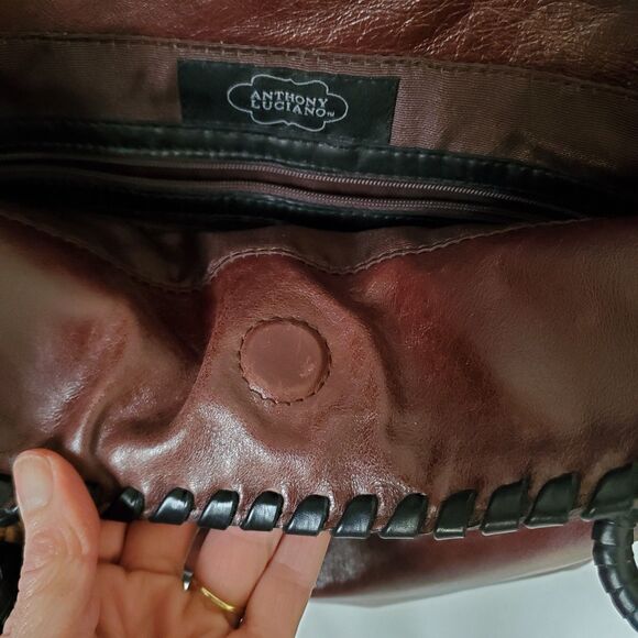 Anthony Luciano Wine Leather Tote Shoulder Bag Charm Penny Woven Trim Straps Lg - Picture 3 of 16